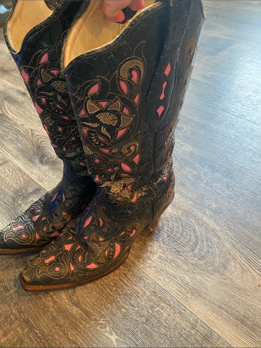 Women's Black Leather Cowboy Boots with Pink Embroidered Insets - Picture 13 of 16